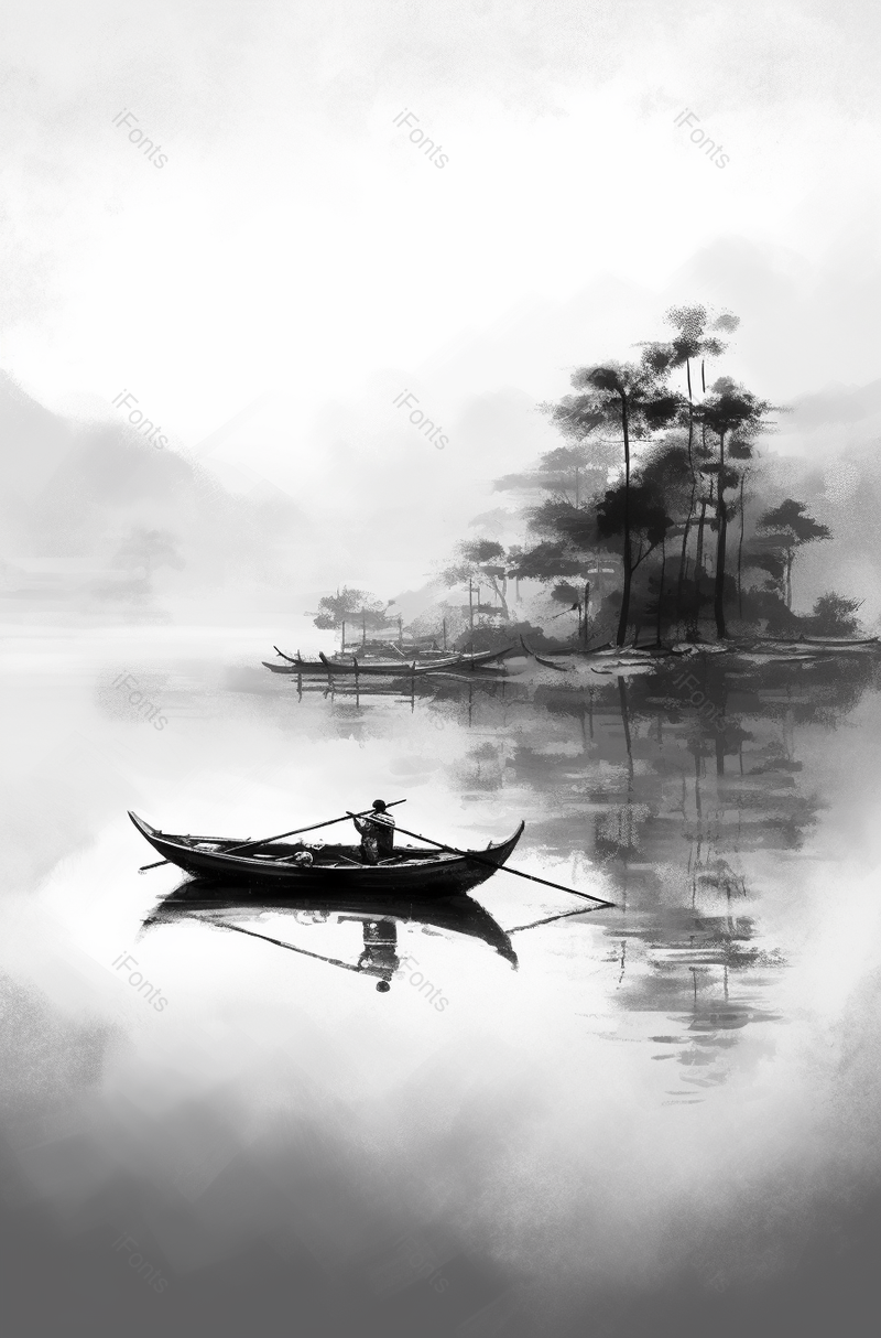 竖版中国风水墨意境山水画船上划着双桨的人,插画/手绘图,插画/手绘图库,插画/手绘图下载,插画/手绘